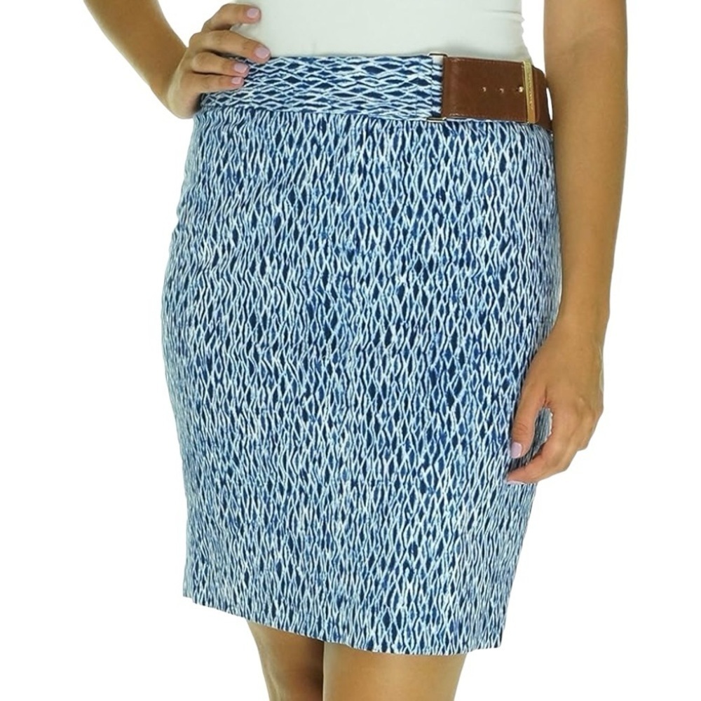 Michael Kors Blue Shibori Print Belted Pencil Skirt Size 12